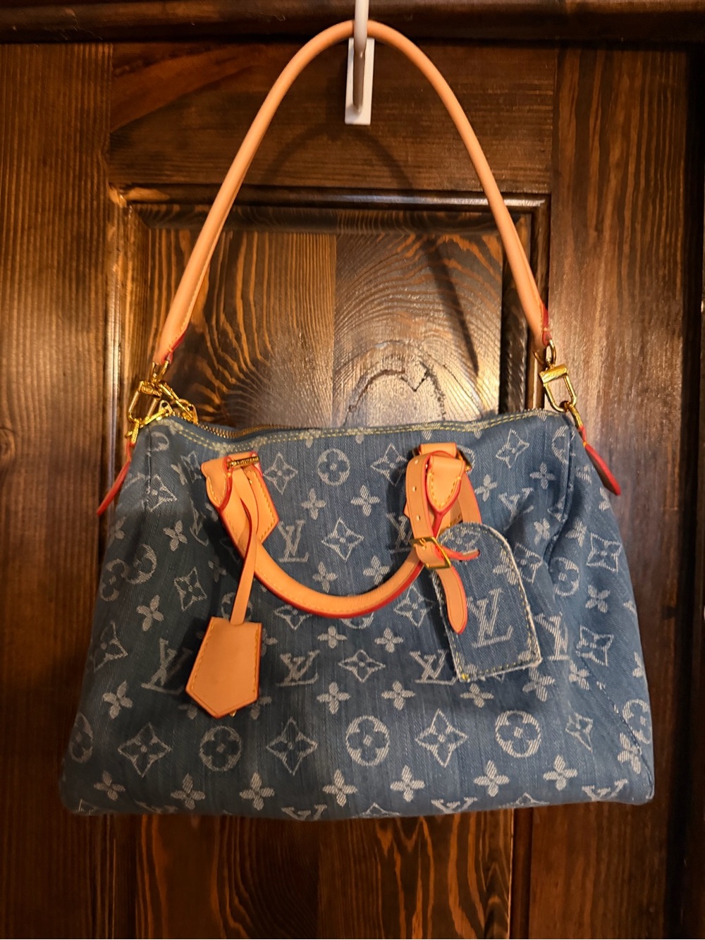 Louis Vuitton Blue Monogram Denim Tote with Orange Trim